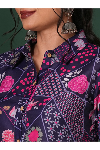 Globus By Styli Women Purple Shirt Collar Straight Kurta and Pants Set