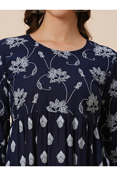 Globus By Styli Navy Floral Ethnic Print Gathered Midi Dress