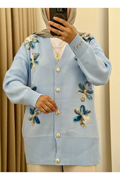 MERİÇ BOUTİQUE Tül Çiçekli Gold Düğmeli Çelik Örgü Hırka
