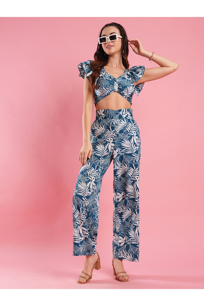 Globus By Styli Blue Tropical Print Crop Top and Trouser Co-Ords