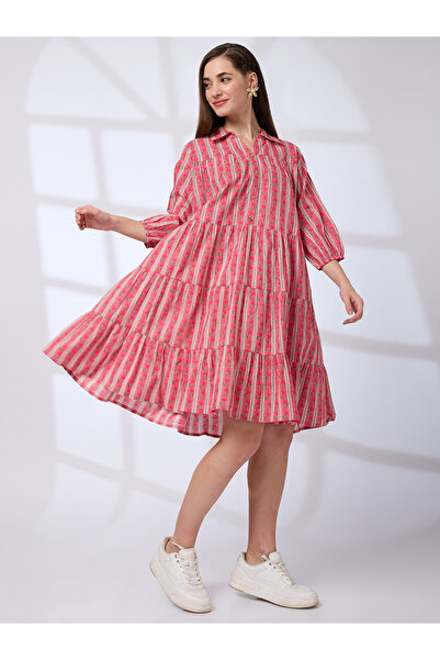 Globus By Styli Pink Shirt Collar Printed Workwear Knee Length Dress