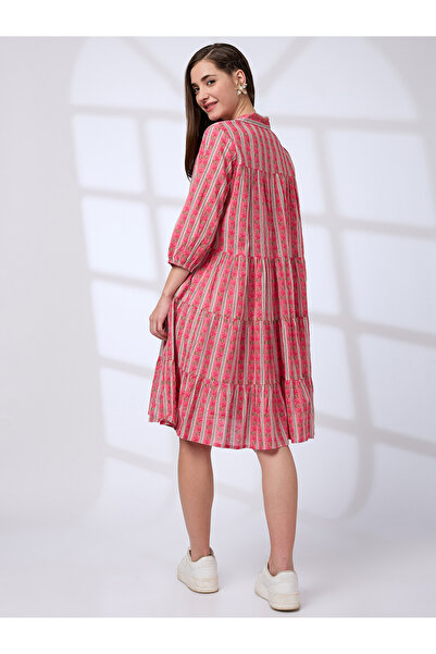 Globus By Styli Pink Shirt Collar Printed Workwear Knee Length Dress