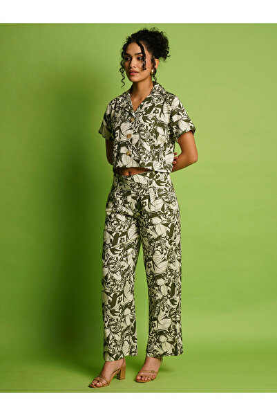 Globus By Styli Green Lapel Collar Crop Shirt and Trousers Co-Ords