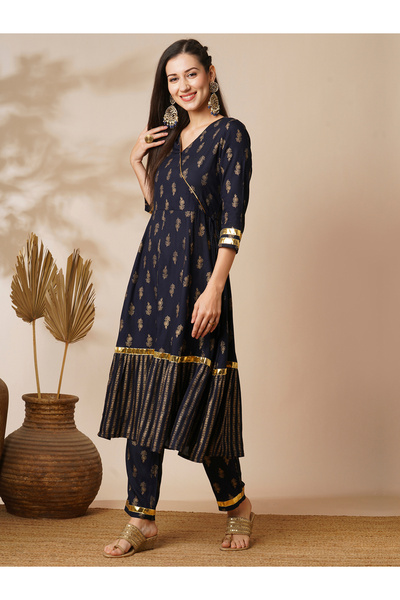 Globus By Styli Women Navy Floral Printed Anarkali Kurta with Pants Set