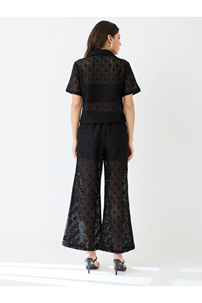 Globus By Styli Black Crochet Shirt and Wide Leg Trousers Co-Ords