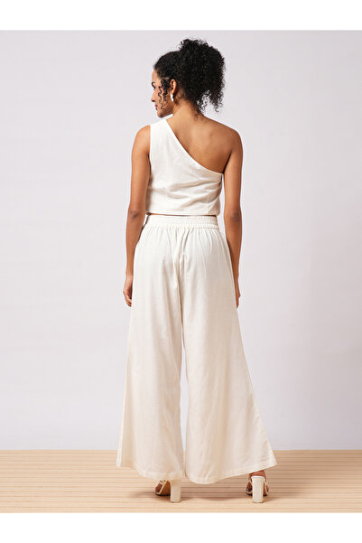 Globus By Styli White One Shoulder Crop Top and Trousers Co-Ords