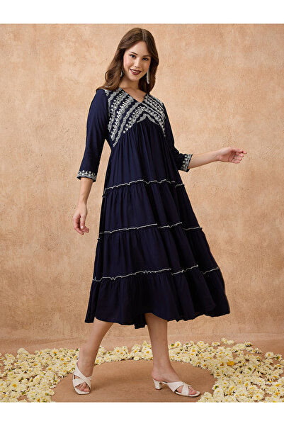 Globus By Styli Navy Embroidered Yoke Alia Cut Ethnic Midi Dress