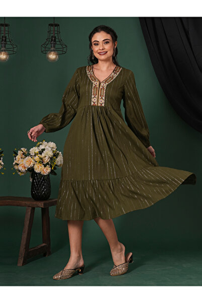 Globus By Styli Olive Embroidered Shimmer Festive Midi Dress