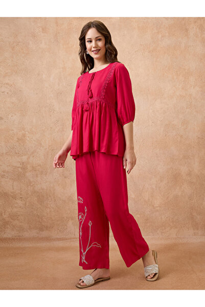 Globus By Styli Red Lace Insert Peplum Top and Trousers Workwear Co-Ords