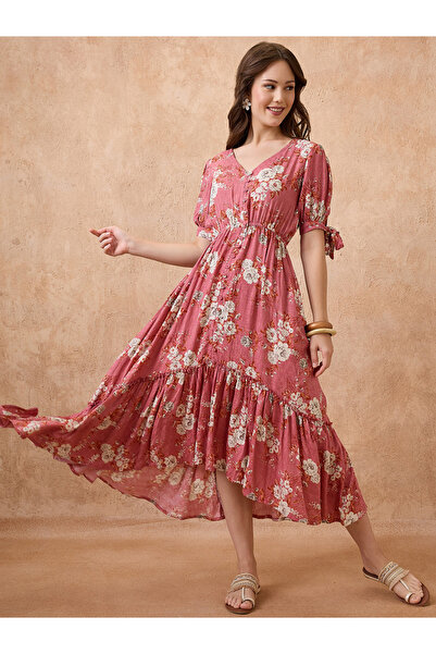 Globus By Styli Pink Floral Print Fusion Midi Dress