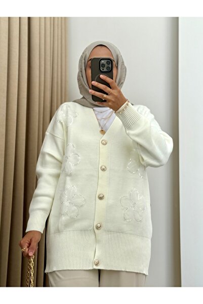 MERİÇ BOUTİQUE Tül Çiçekli Gold Düğmeli Çelik Örgü Hırka