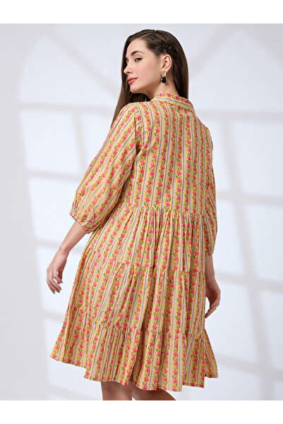 Globus By Styli Yellow Shirt Collar Printed Workwear Knee Length Dress