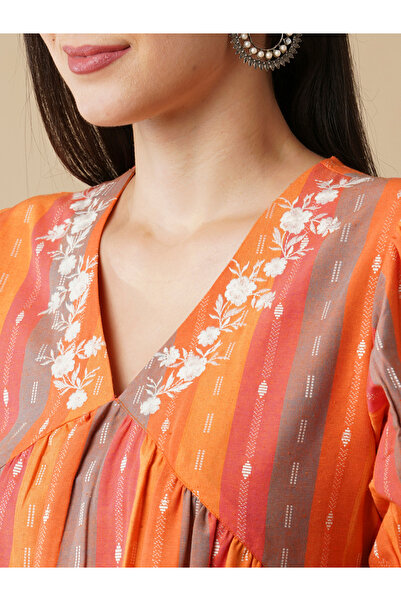 Globus By Styli Orange Striped V Neck Knee Length Dress