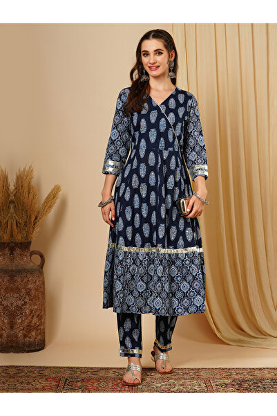 Globus By Styli Blue Ethnic Motif Wrap Kurta and Straight Trousers Festive Set
