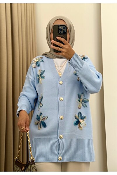 MERİÇ BOUTİQUE Tül Çiçekli Gold Düğmeli Çelik Örgü Hırka