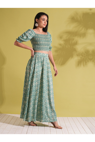 Globus By Styli Green Smocked Crop Top and Maxi Skirt Fusion Co-Ords