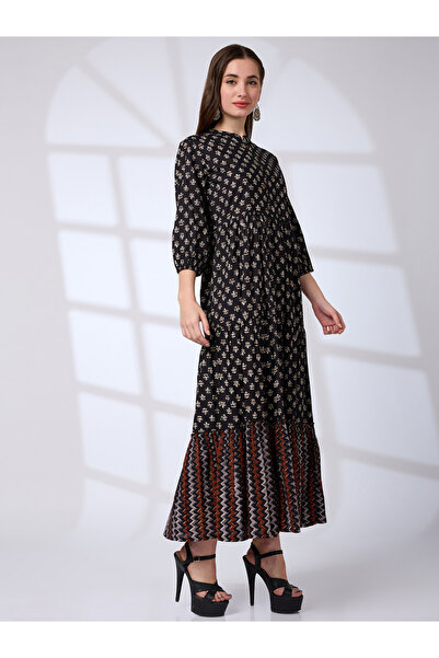 Globus By Styli Black Cotton Ethnic Print Workwear Maxi Dress
