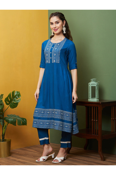 Globus By Styli Blue Yoke Printed Round Neck Kurta and Trousers Set