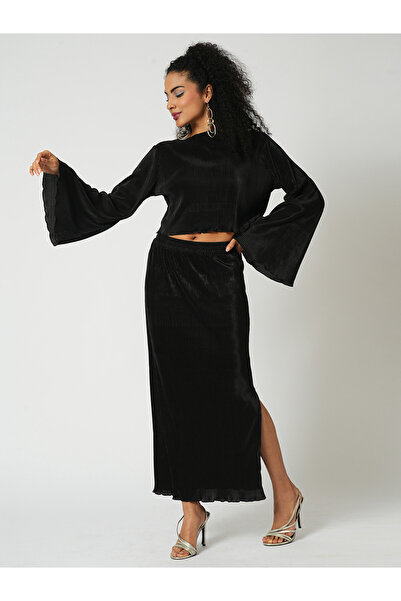 Globus By Styli Black Accordion Pleats Crop Top and Skirt Co-Ords