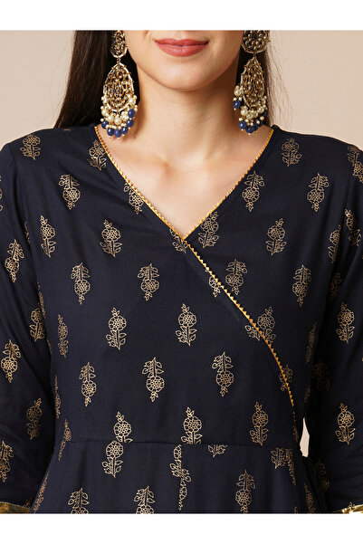Globus By Styli Women Navy Floral Printed Anarkali Kurta with Pants Set