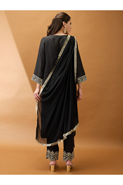 Globus By Styli Women Black Sequined Kurta with Pant and Dupatta Set