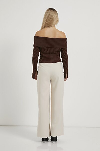 Arma Life Women's Turn-Down Collar Slit Basic Brown Crop Cardigan