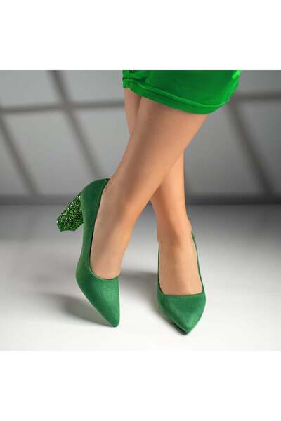 Modlet.ro Pantofi de damă cu toc gros, din piele întoarsă verde, MOD08567