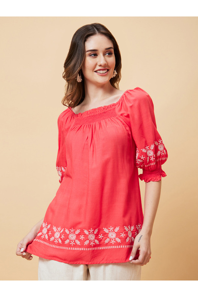 Globus By Styli Coral Square Neck Embroidered Fusion Tunic