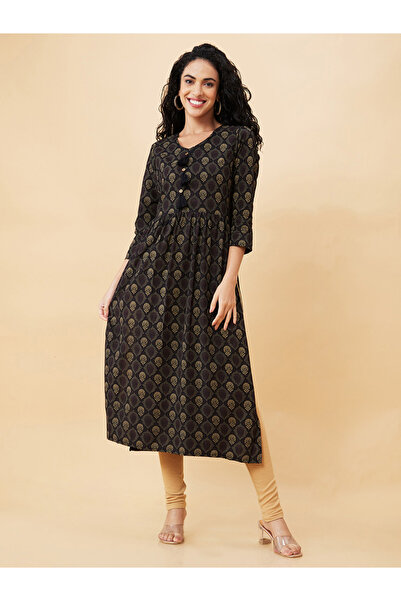 Globus By Styli Black Printed V Neck A-Line Kurta