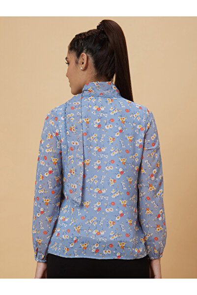 Globus By Styli Blue Floral Print Tie-Up Neck Top