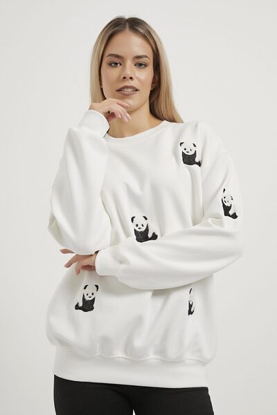 Arma Life Дамска бяла суитшърт с панда мотив и велосипедна яка