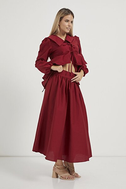 Arma Life Women's Side Zipper Pleated Burgundy Loose Long Skirt