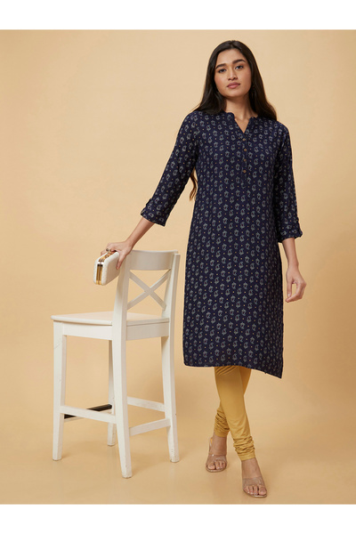 Globus By Styli Women Navy Blue Printed Straight Kurta
