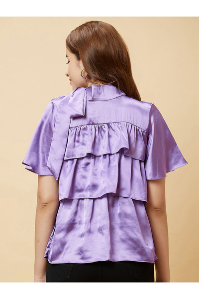 Globus By Styli Purple Layered Frill Sleeves Satin Blouse