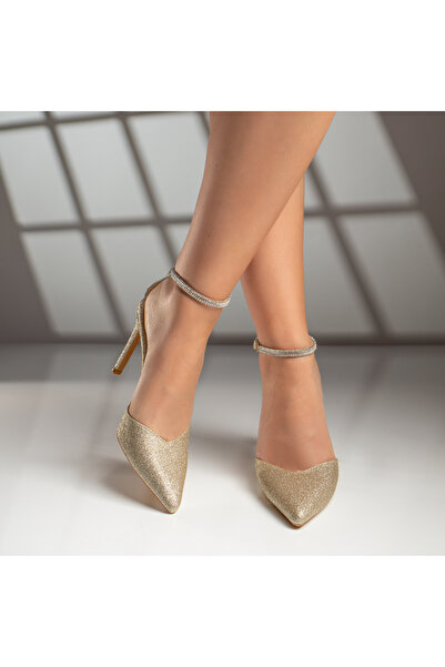 Modlet.ro Women's gold glitter thin-heeled shoes with ankle strap MOD09398