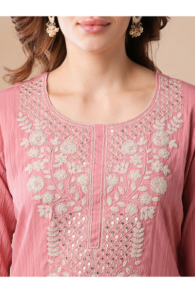 Globus By Styli Women Pink Sequined Embroidered Straight Kurta