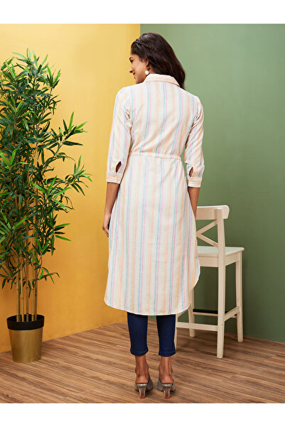 Globus By Styli Women Striped Shirt Collar Regular Kurta