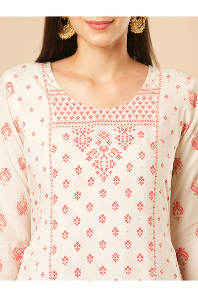 Globus By Styli Off White Gold Foil Ethnic Print Layered Festive Kurta