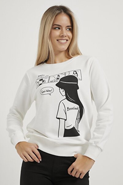Arma Life Hanorac alb cu imprimeu pentru femei, cu gât rotund