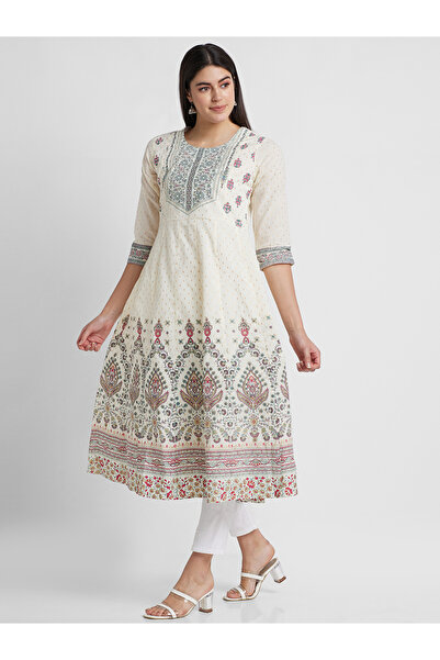 Globus By Styli Off White Printed Round Neck Anarkali Kurta