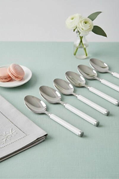 EWs 6-Piece Stainless Steel Dessert Spoon Set White Handle 15 cm
