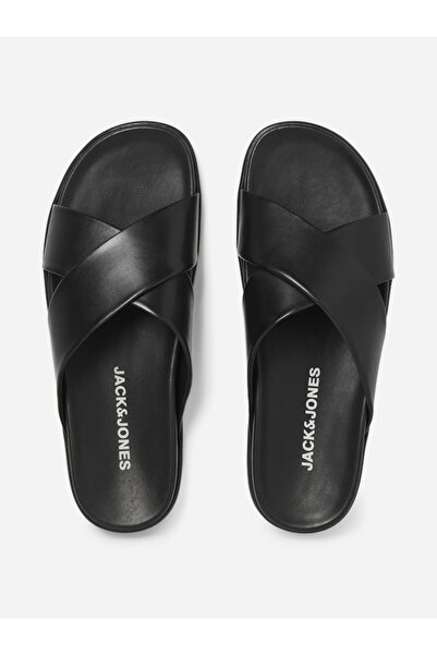 Jack & Jones Black Leather Cross Strap Sandals