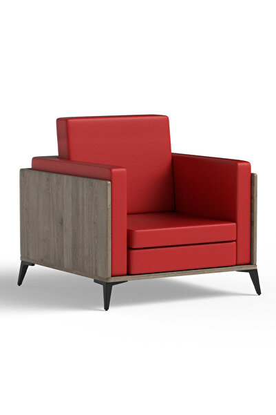 Mahmayi KD 3326 Truffle Davos Oak Wooden Single Seat Sofa with PU Cushion for Offices, Home - Red