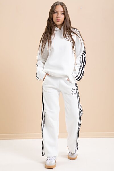 Cansın Mini Beyaz 3 İplik Şardonlu Şeritli Dantel Detaylı Kız Çocuk Kapüşonlu Eşofman Takımı 22720