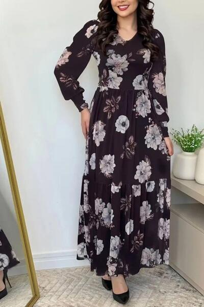 Mossta Long Sleeve V-Neck Single Jersey Floral Print Dress - Black