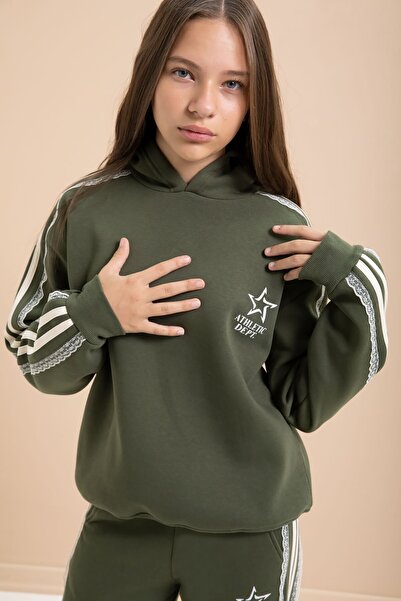 Cansın Mini Χακί 3-κλωνο σετ φόρμας με κουκούλα για κορίτσια με λεπτομέρεια από δαντέλα 22722