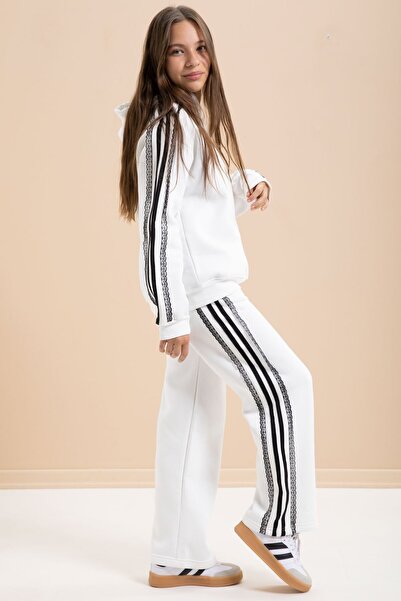 Cansın Mini Beyaz 3 İplik Şardonlu Şeritli Dantel Detaylı Kız Çocuk Kapüşonlu Eşofman Takımı 22720