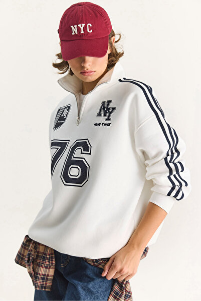 Bianco Lucci Kadın Üç İplik Uzun Kollu Yarım Fermuarlı Dik Yaka Baskılı Sweatshirt 10011 60283562