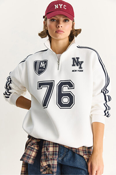 Bianco Lucci Kadın Üç İplik Uzun Kollu Yarım Fermuarlı Dik Yaka Baskılı Sweatshirt 10011 60283562