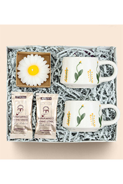 Trendmiya 2 li %100 El Yapımı Kupa ve Tek İçimlik Türk Kahvesi & Papatya Mum ...